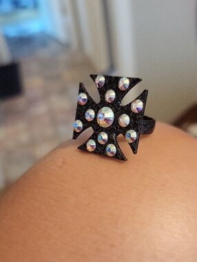 Black Maltese Cross Ring with Aurora Rhinestones Size 7
